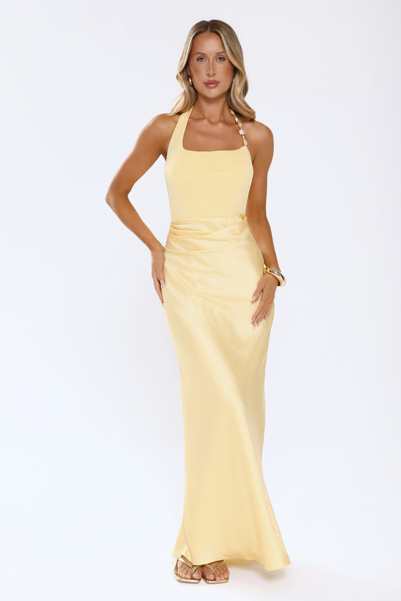 The Dress Effect Satin Halter Maxi Dress Yellow