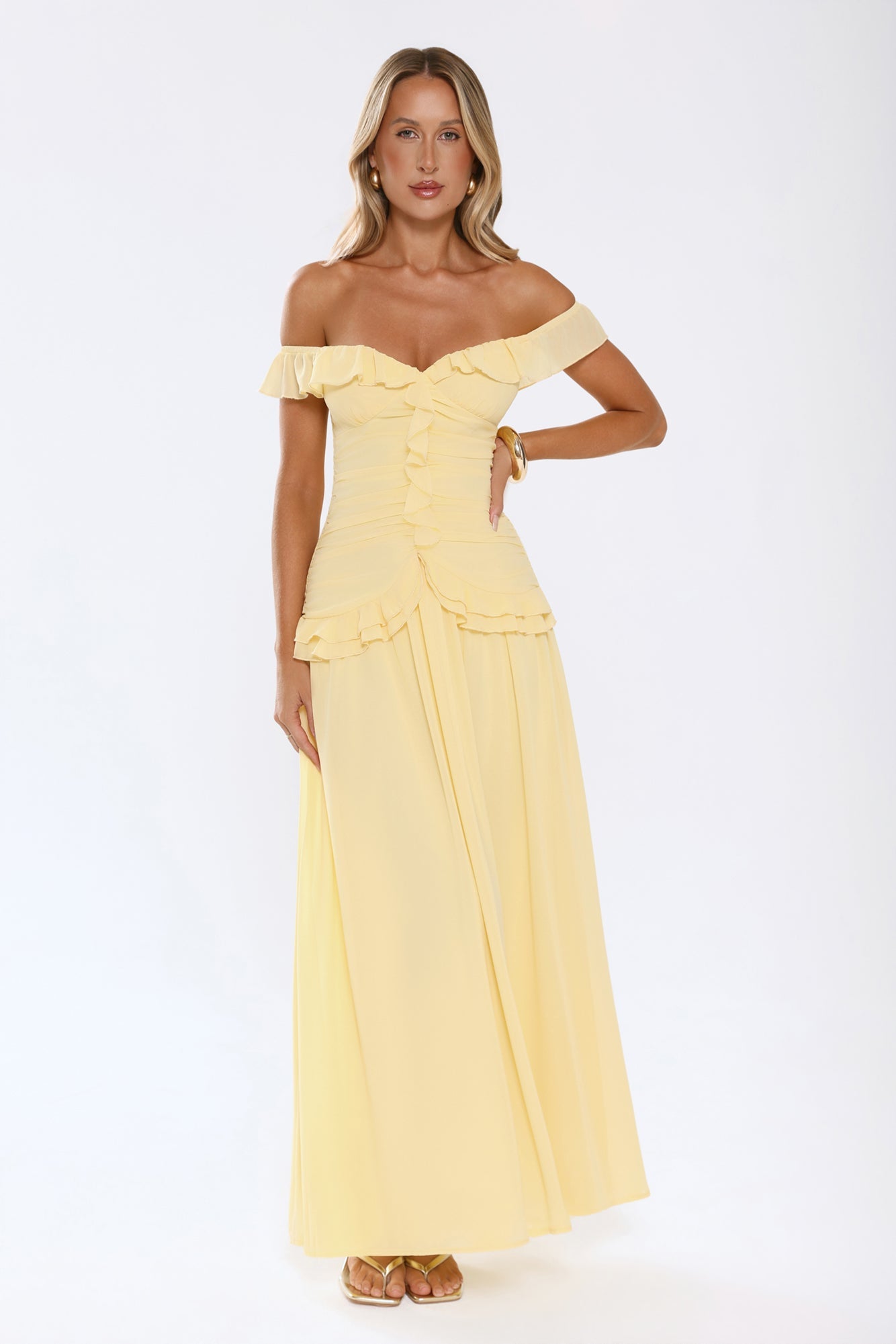 Radiant Poise Off Shoulder Maxi Dress Yellow