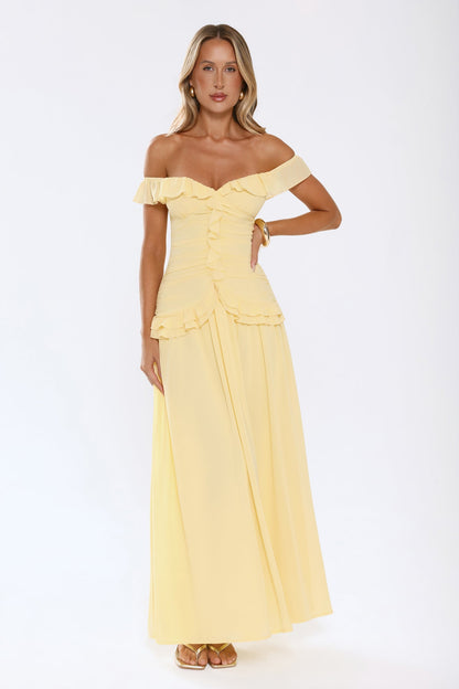 Radiant Poise Off Shoulder Maxi Dress Yellow