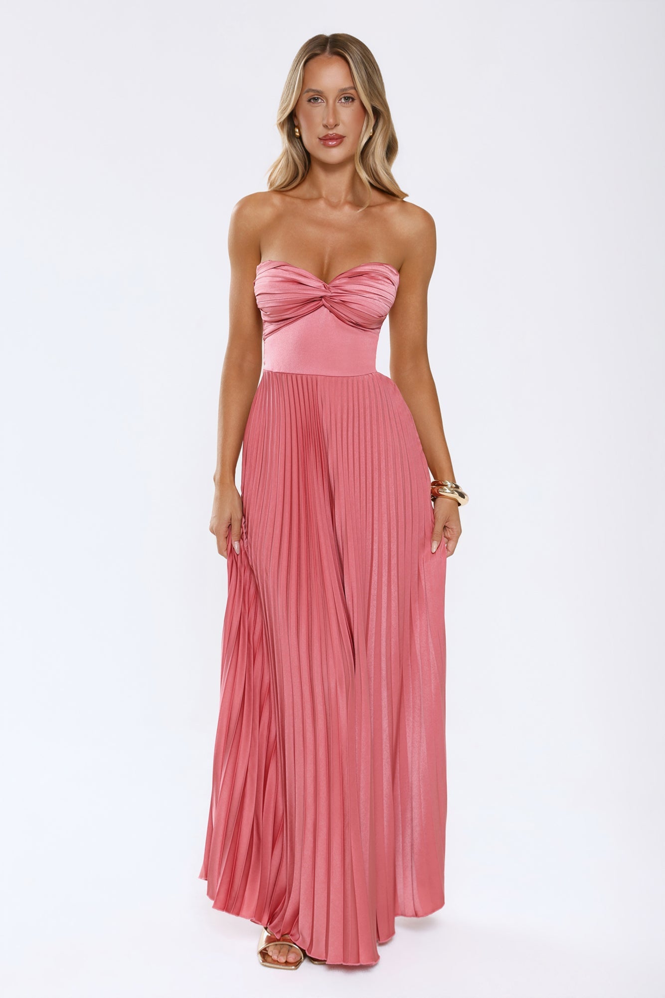 Sassy Sunshine Satin Pleated Strapless Maxi Dress Rose