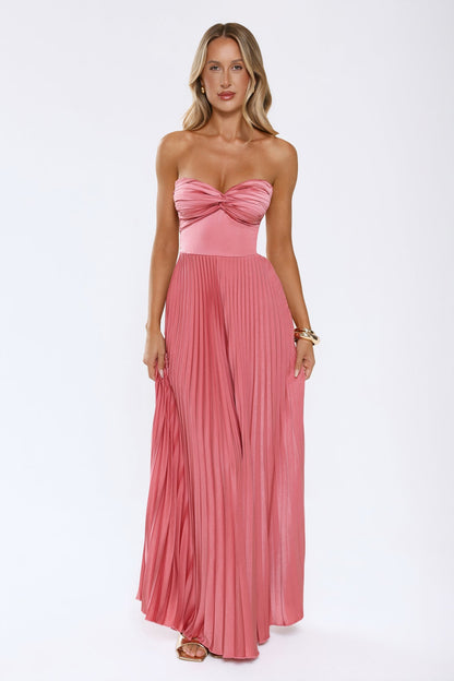 Sassy Sunshine Satin Pleated Strapless Maxi Dress Rose