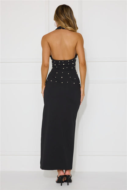 Ocean Beauty Halter Pearl Maxi Dress Black