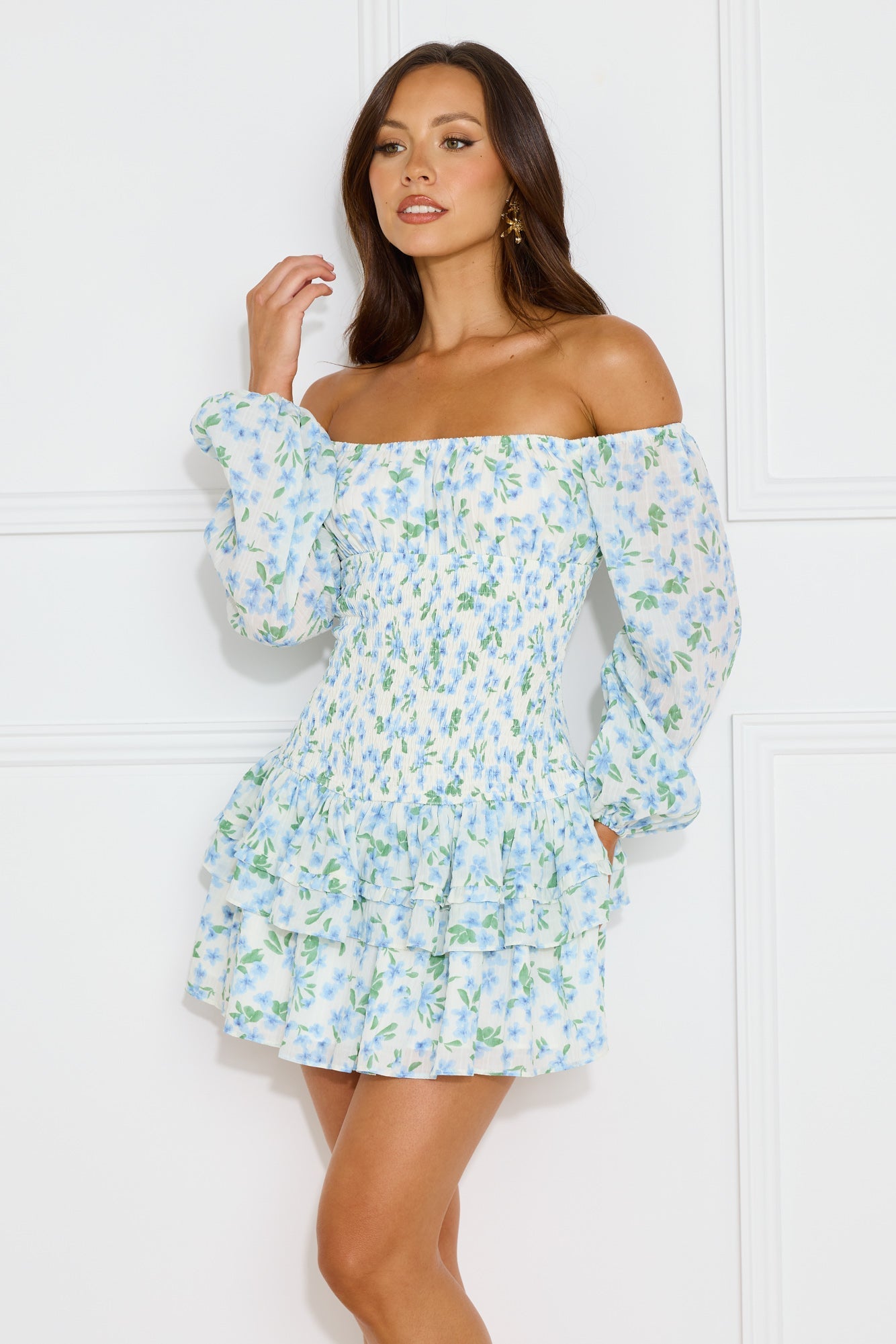 Fashionable Debutante Off Shoulder Mini Dress Blue