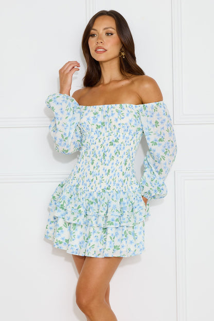 Fashionable Debutante Off Shoulder Mini Dress Blue