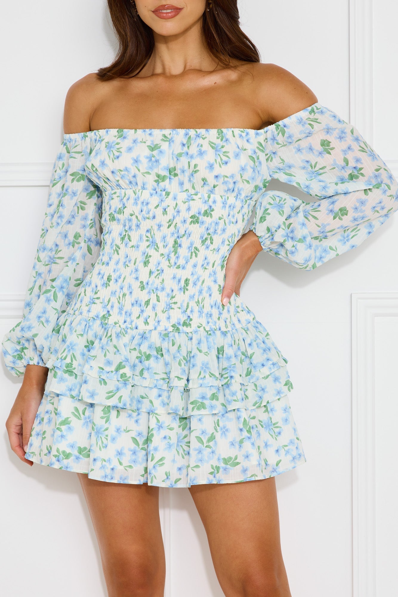 Fashionable Debutante Off Shoulder Mini Dress Blue