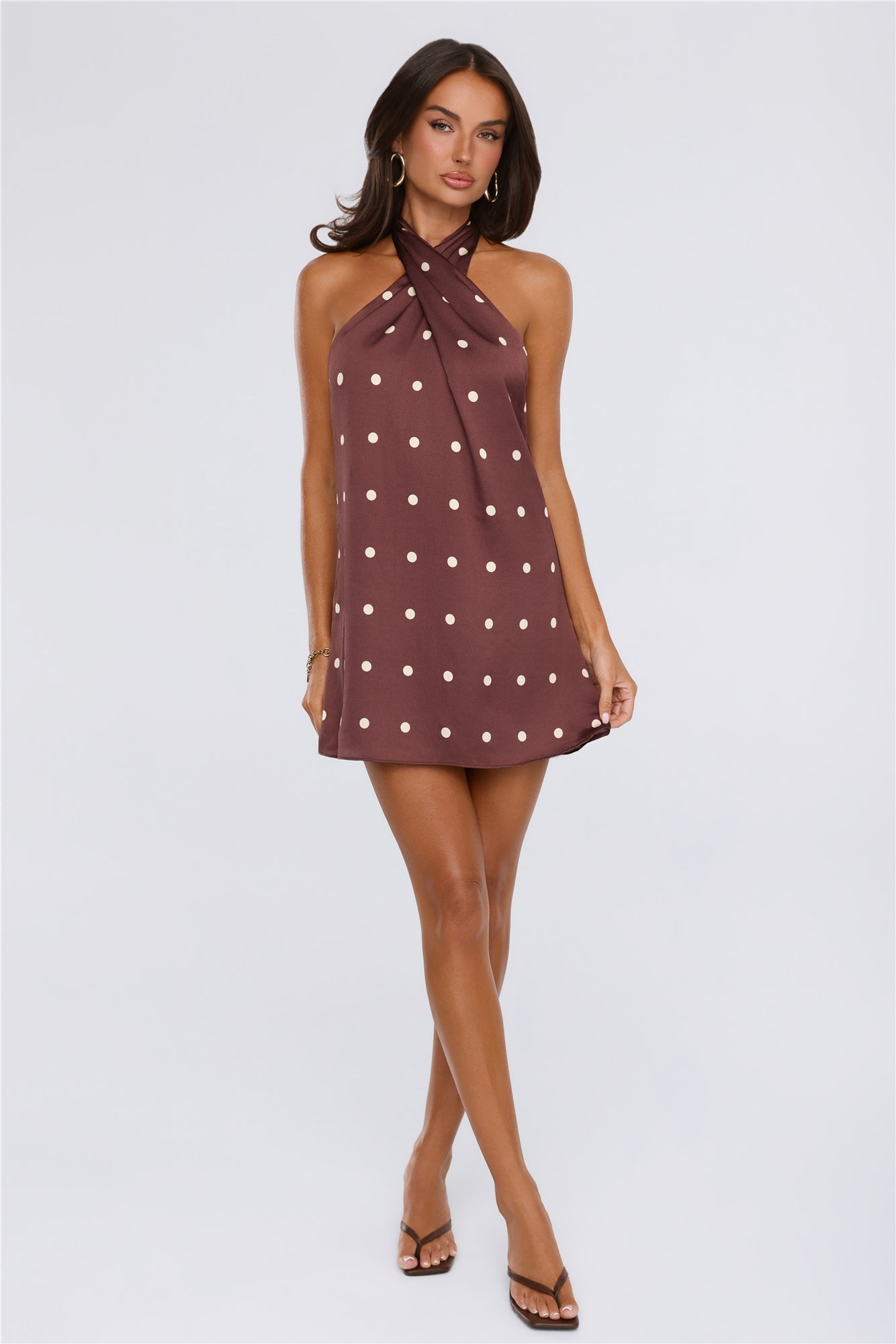 Daydream Club Polka Dot Satin Halter Mini Dress Brown