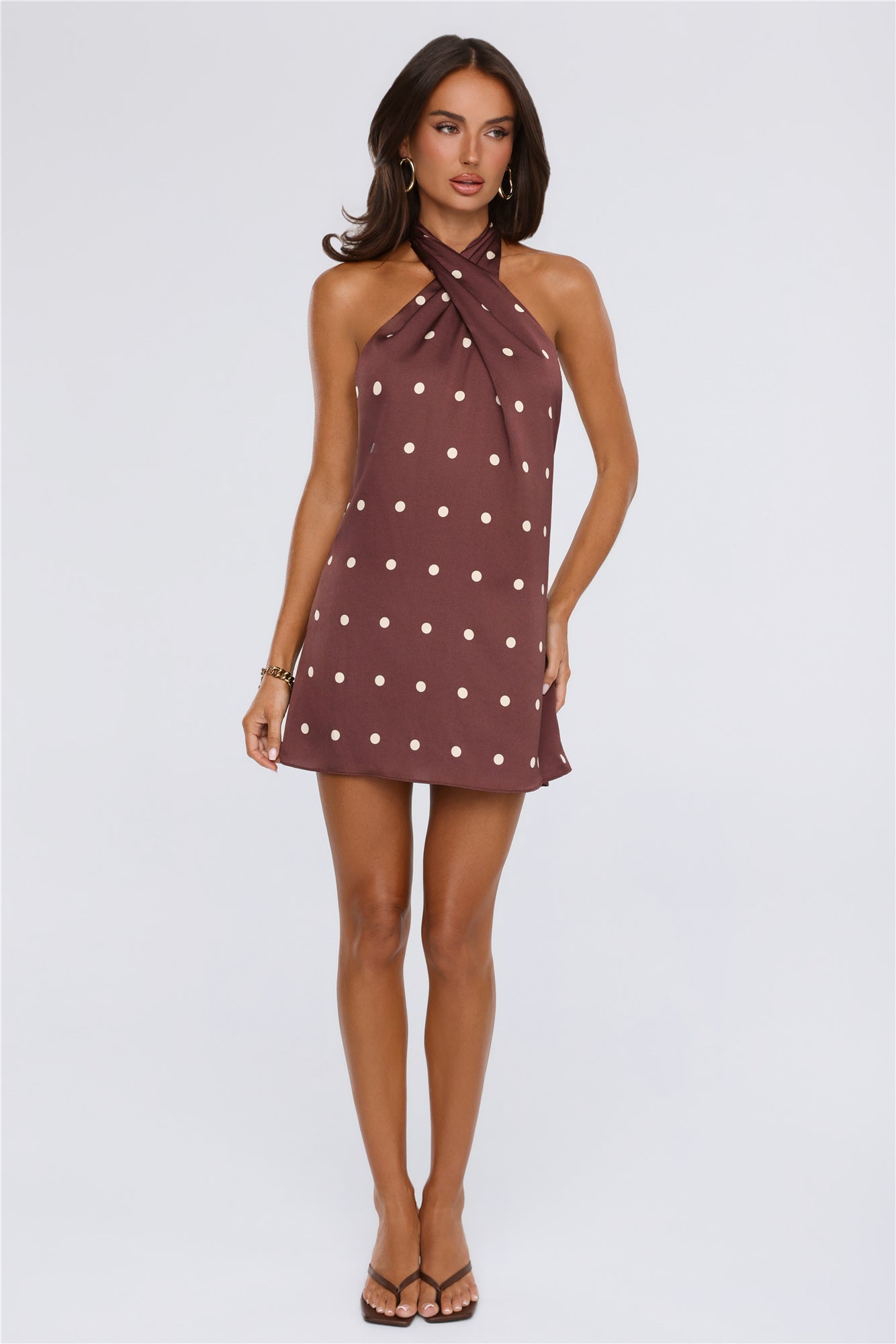 Daydream Club Polka Dot Satin Halter Mini Dress Brown