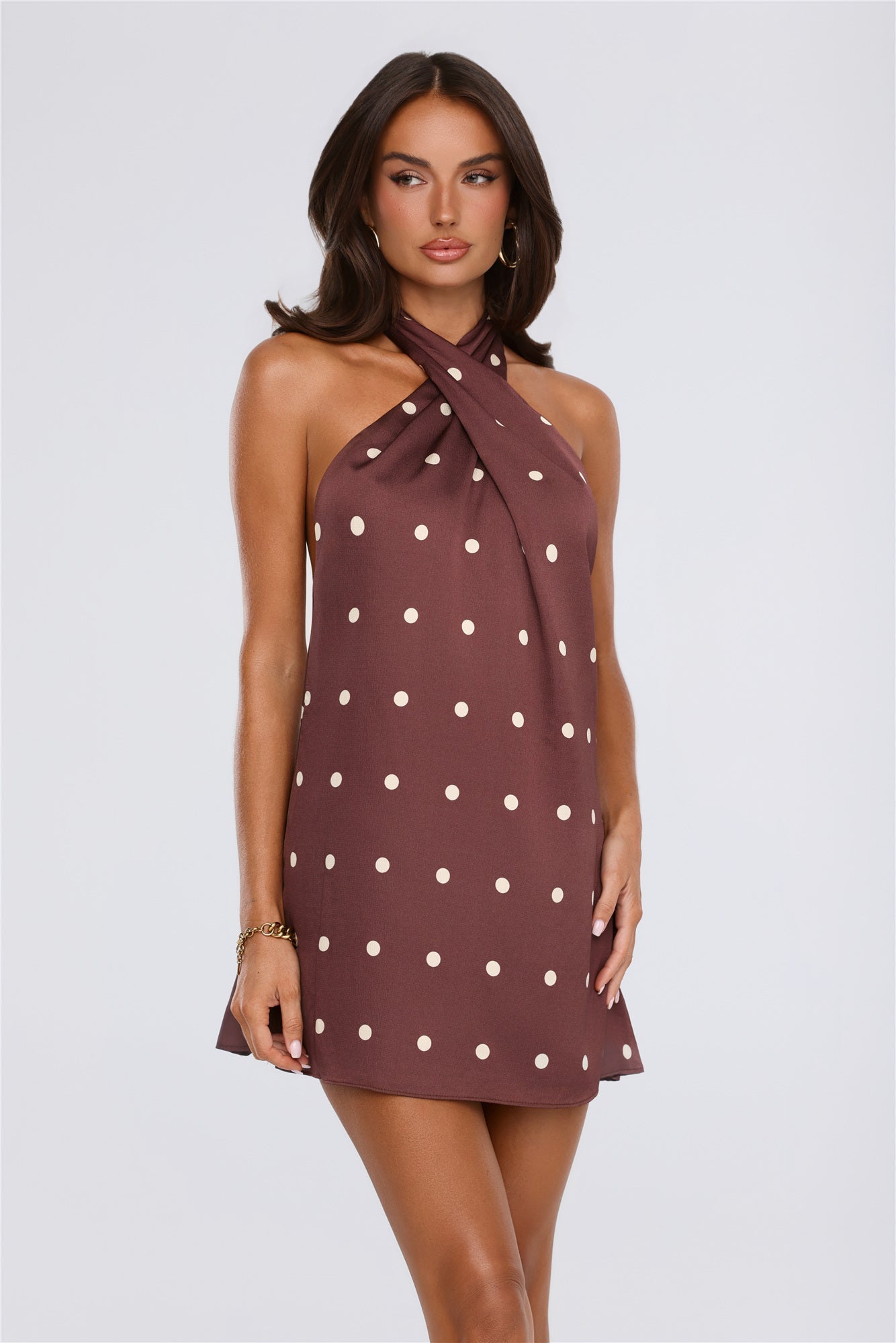 Daydream Club Polka Dot Satin Halter Mini Dress Brown