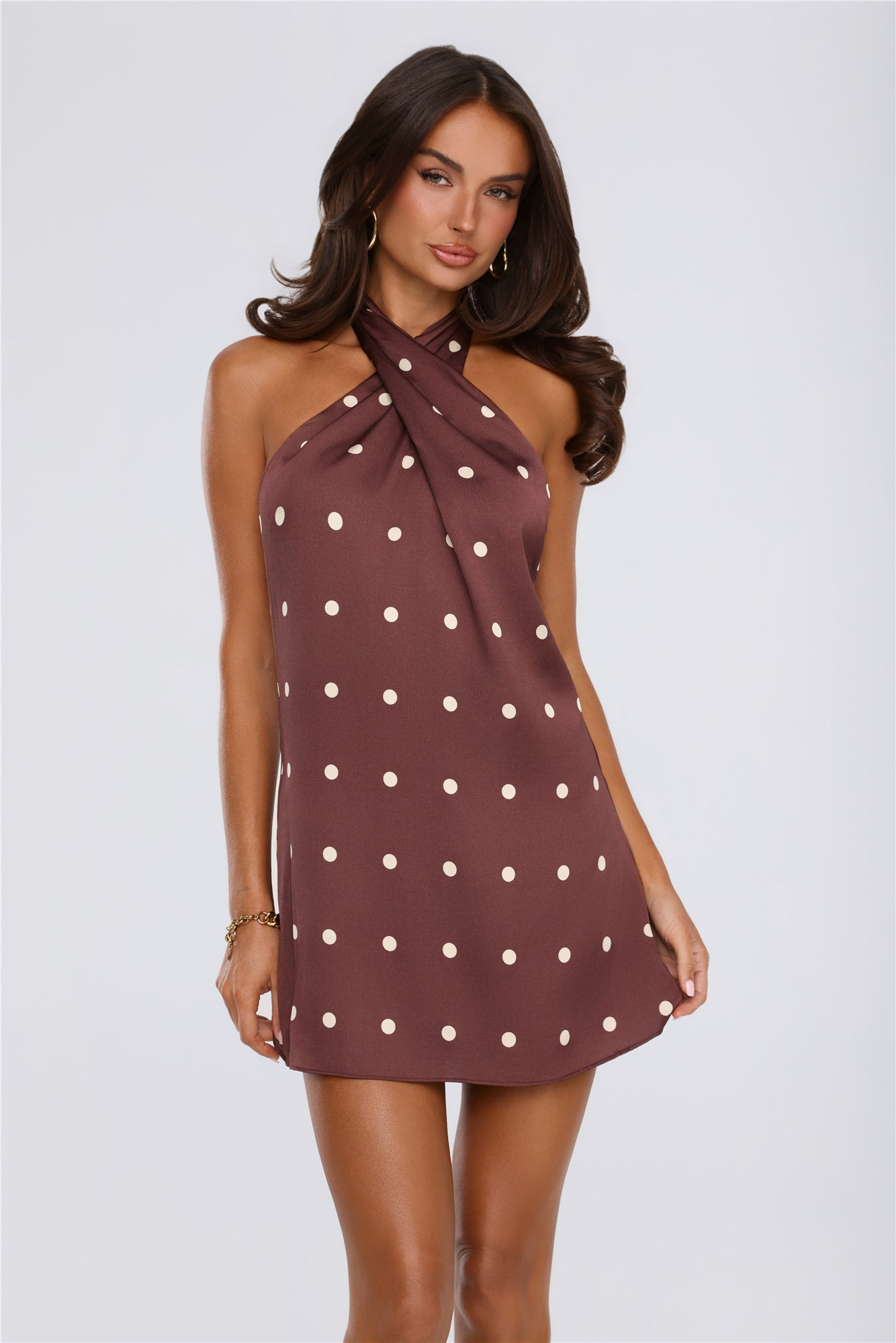 Daydream Club Polka Dot Satin Halter Mini Dress Brown