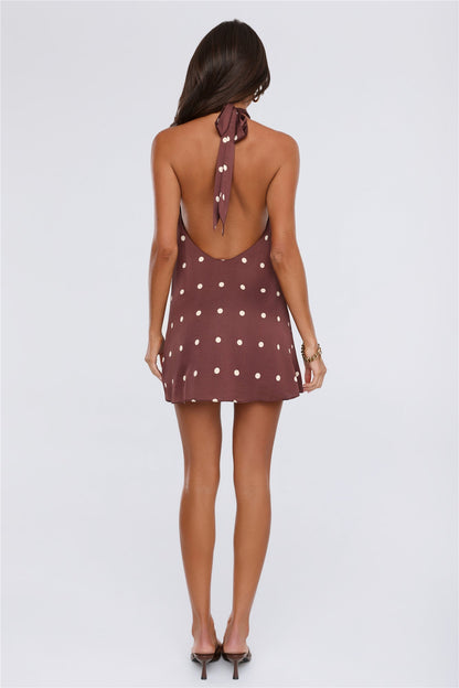 Daydream Club Polka Dot Satin Halter Mini Dress Brown