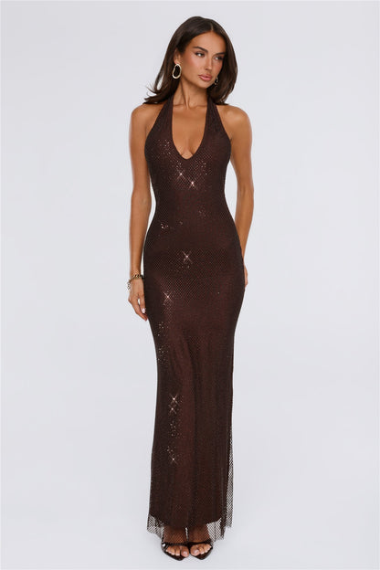 Winning Look Embellished Halter Maxi Dress Chocolate