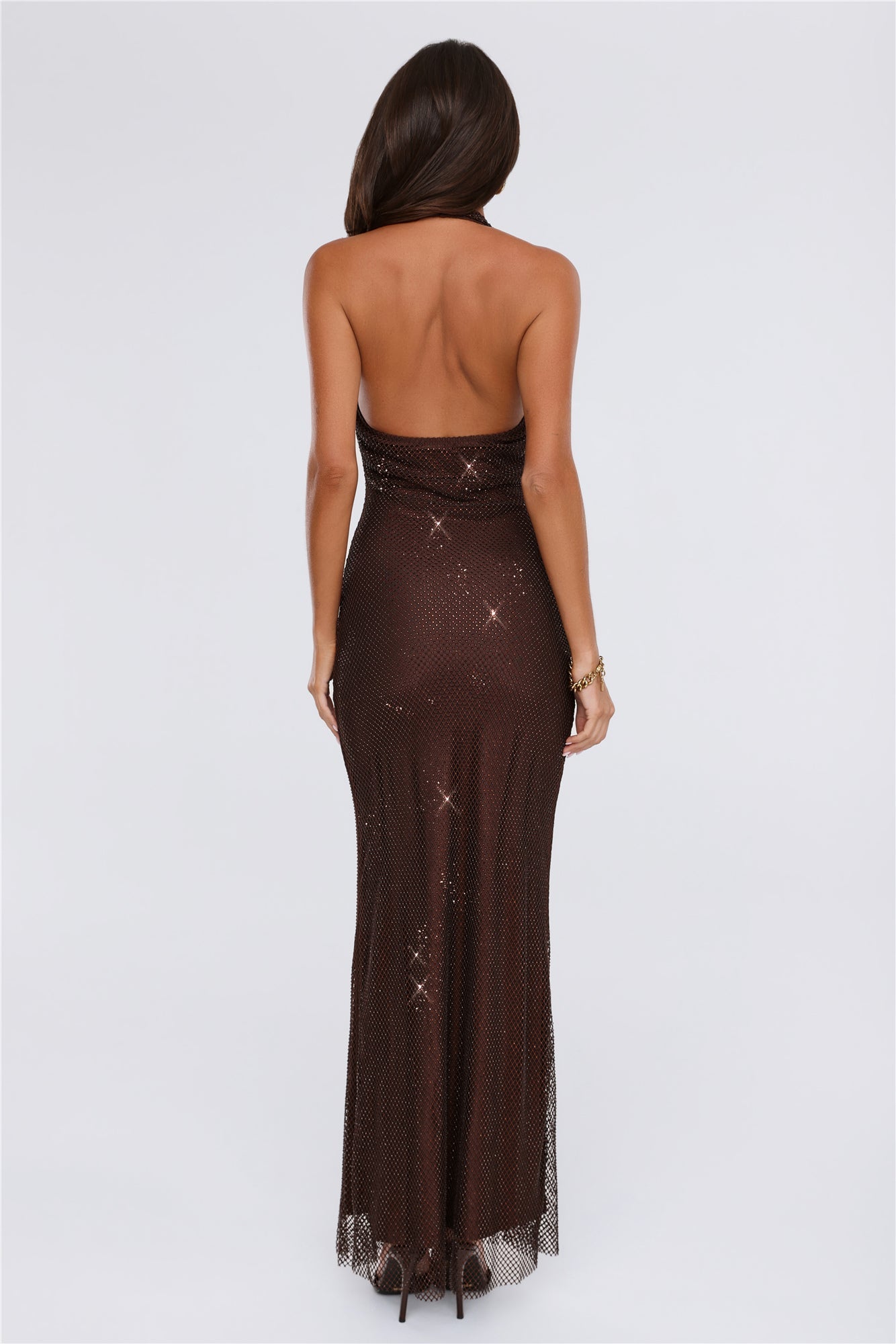 Winning Look Embellished Halter Maxi Dress Chocolate