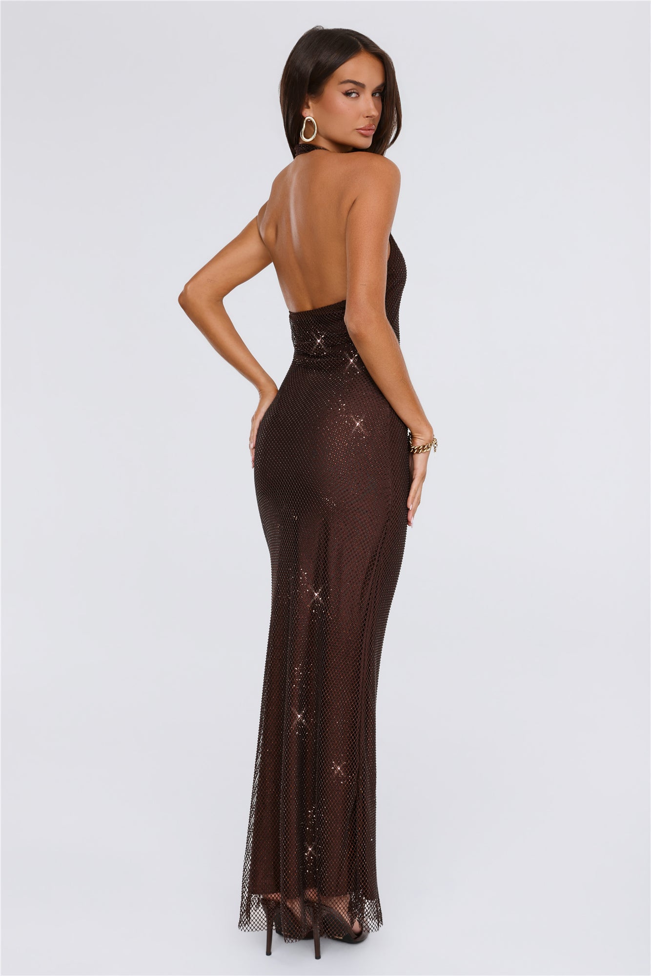 Winning Look Embellished Halter Maxi Dress Chocolate