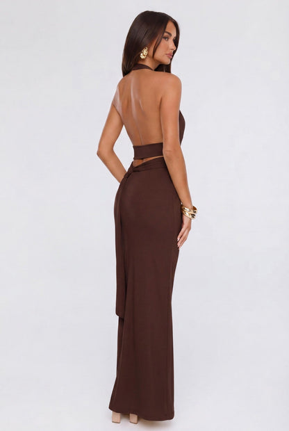 Whispered Star Energy Halter Maxi Dress Chocolate
