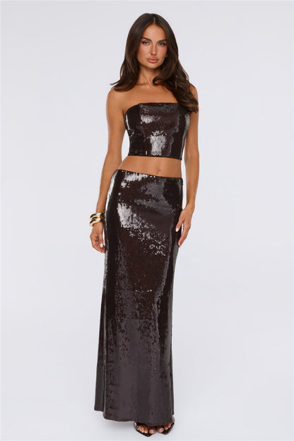Shine Into Chic Sequin Maxi Skirt Chocolate