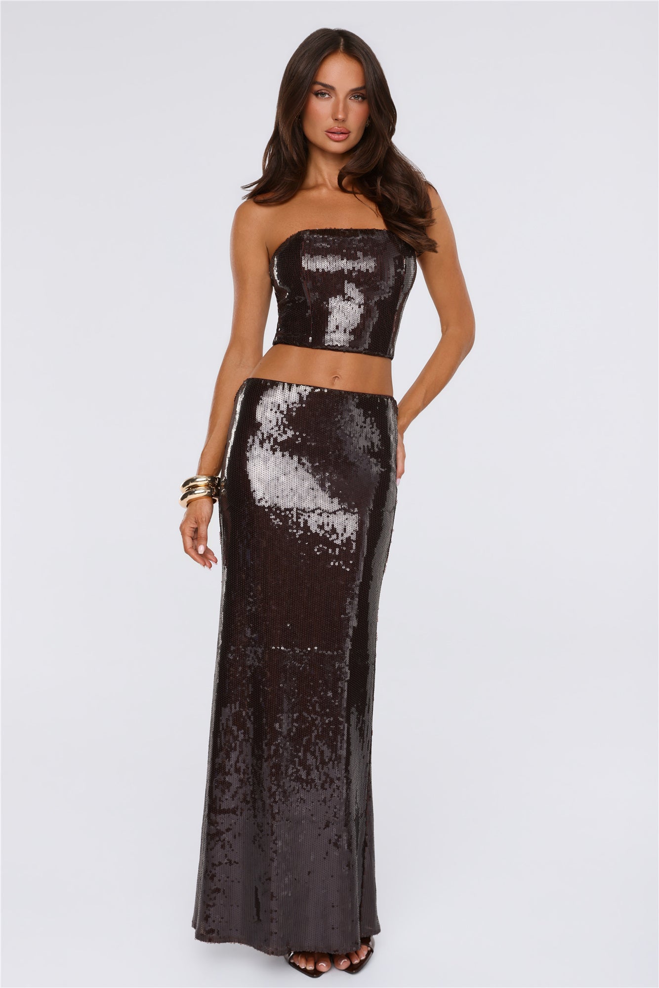 Shine Into Chic Sequin Maxi Skirt Chocolate