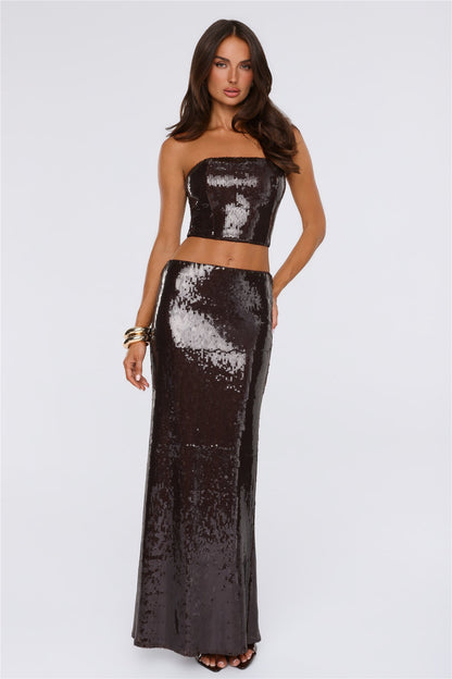 Shine Into Chic Sequin Maxi Skirt Chocolate