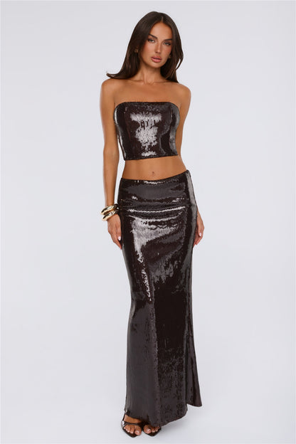 Shine Into Chic Sequin Strapless Corset Top Chocolate