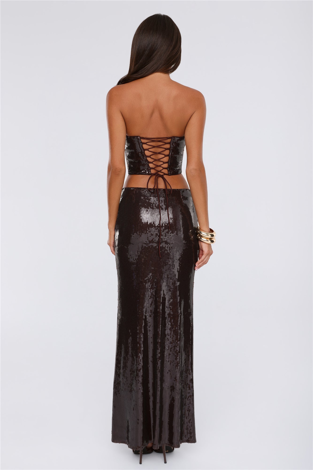 Shine Into Chic Sequin Strapless Corset Top Chocolate