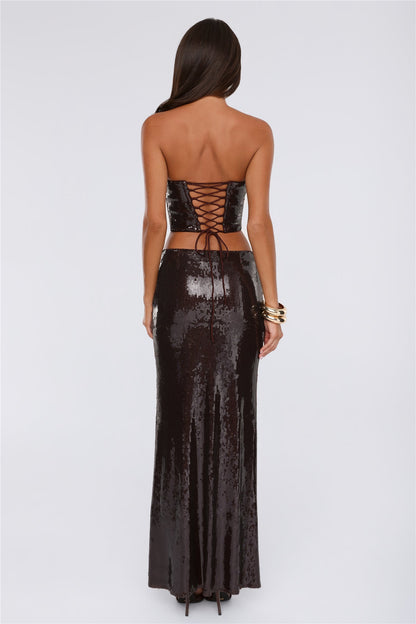 Shine Into Chic Sequin Maxi Skirt Chocolate