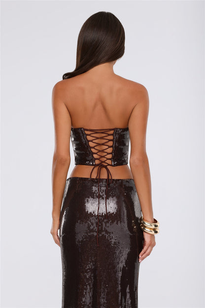 Shine Into Chic Sequin Strapless Corset Top Chocolate