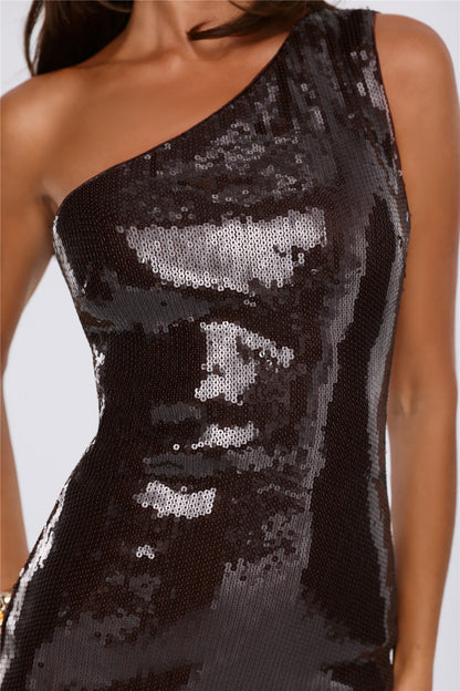 Shine Into Chic One Shoulder Sequin Mini Dress Chocolate