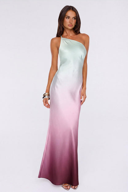 Glowing Spell One Shoulder Satin Maxi Dress Ombre