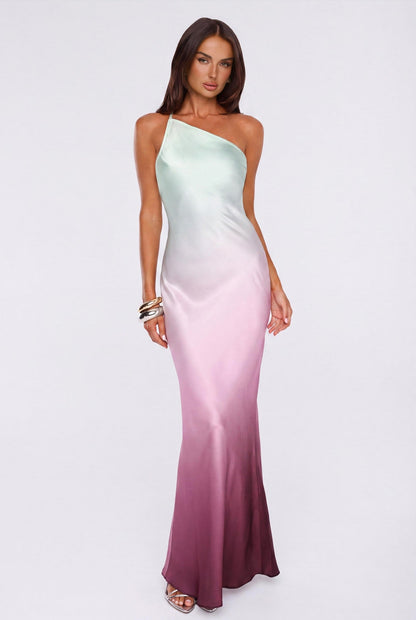 Glowing Spell One Shoulder Satin Maxi Dress Ombre
