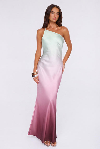 Glowing Spell One Shoulder Satin Maxi Dress Ombre
