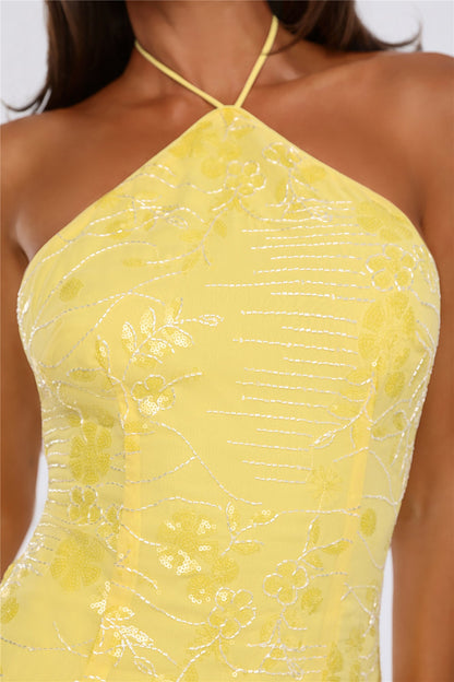 Fizzy Spark Embellished Halter Mini Dress Yellow