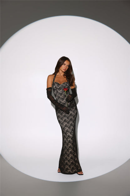 Delicate Daydream Halter Lace Maxi Dress Black