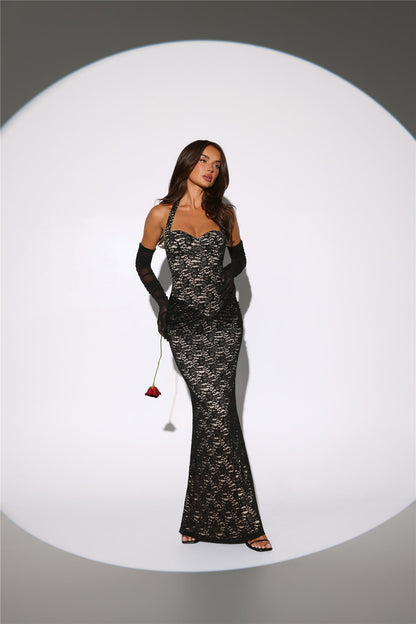 Delicate Daydream Halter Lace Maxi Dress Black