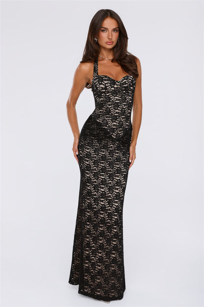 Delicate Daydream Halter Lace Maxi Dress Black