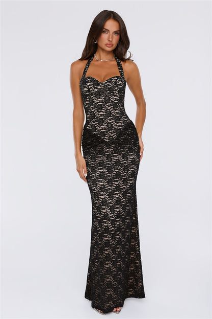 Delicate Daydream Halter Lace Maxi Dress Black