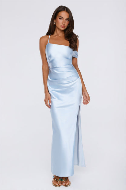 Social Diary Off Shoulder Satin Maxi Dress Blue
