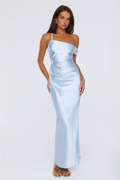 Social Diary Off Shoulder Satin Maxi Dress Blue