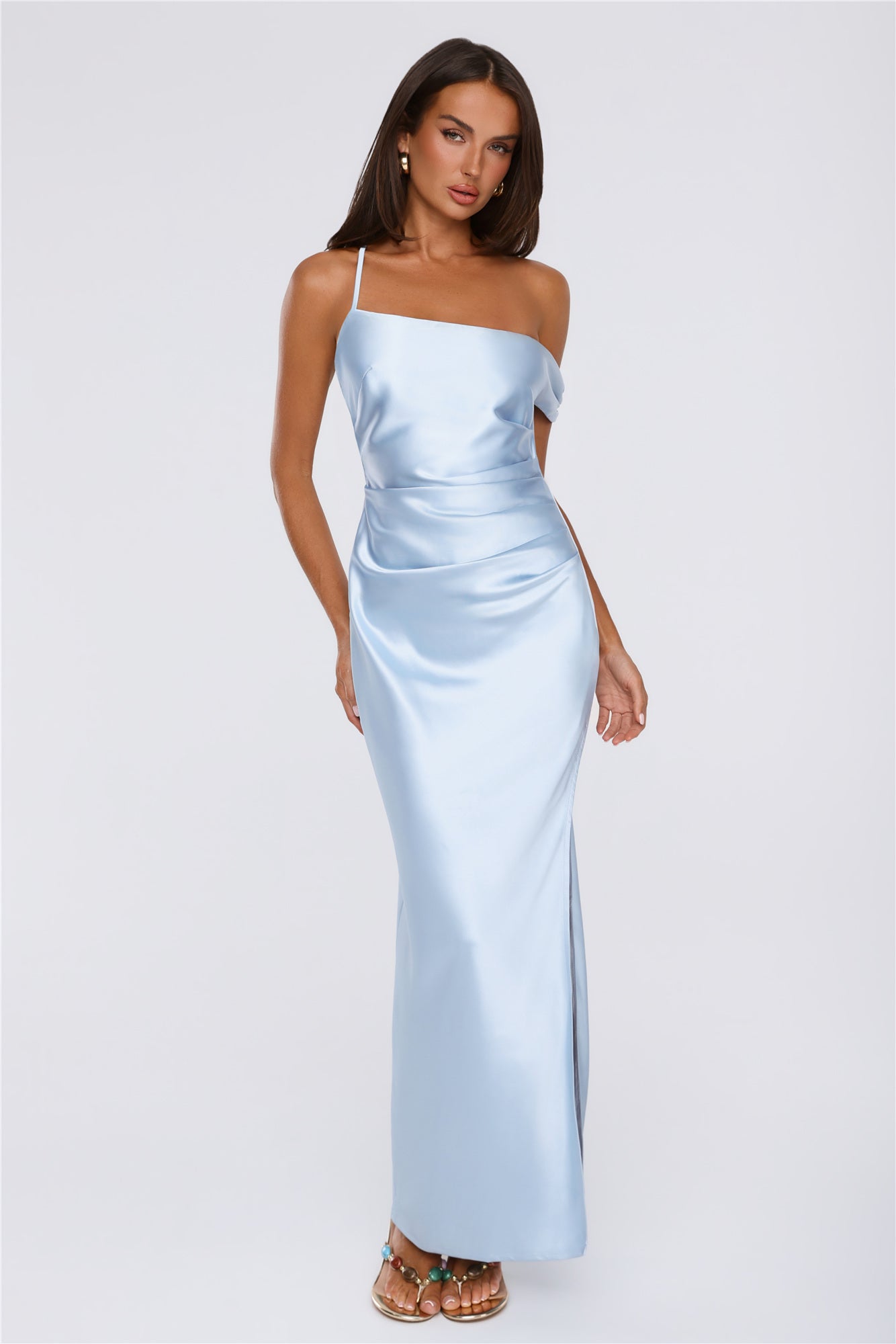 Social Diary Off Shoulder Satin Maxi Dress Blue
