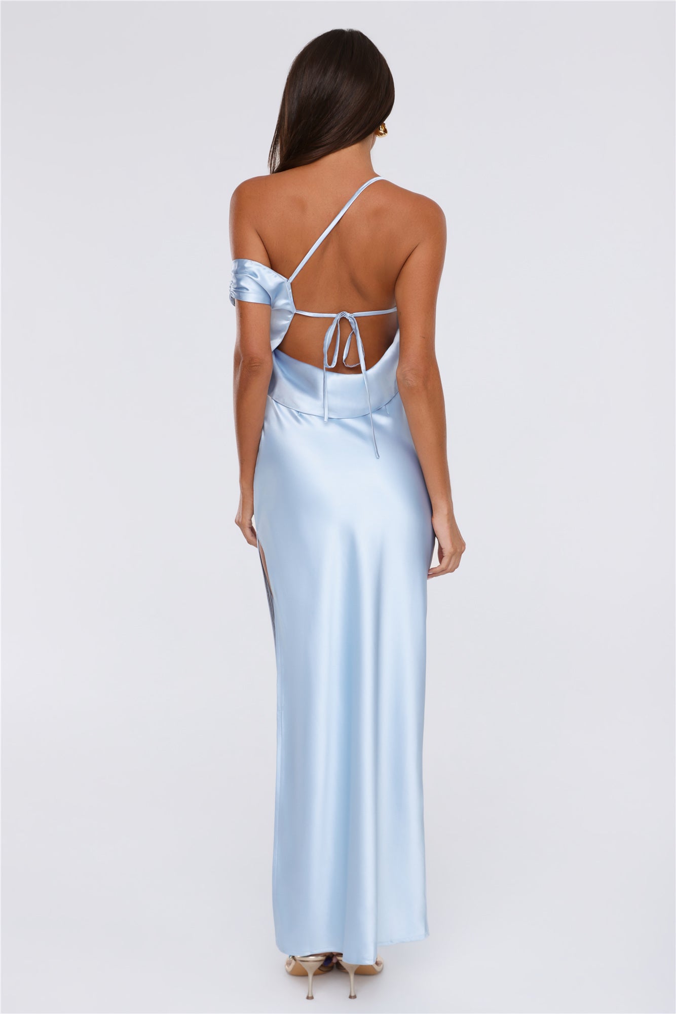 Social Diary Off Shoulder Satin Maxi Dress Blue