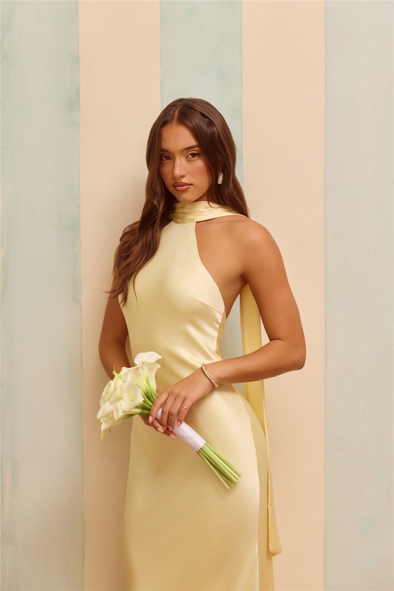 The Vivia Halter Satin Maxi Dress Yellow