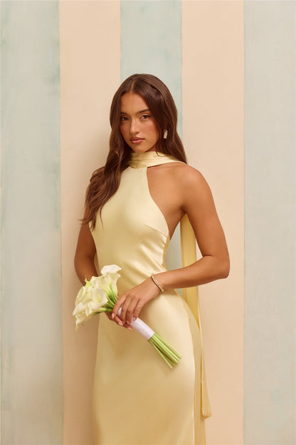 The Vivia Halter Satin Maxi Dress Yellow