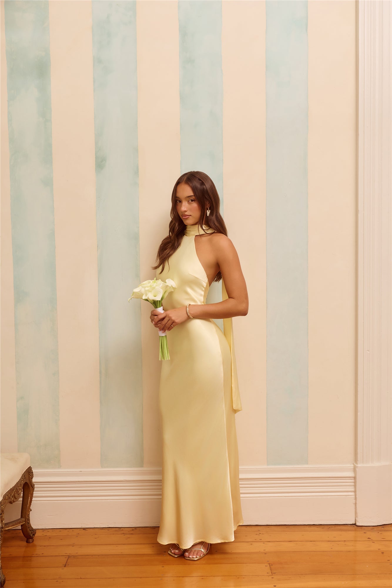 The Vivia Halter Satin Maxi Dress Yellow
