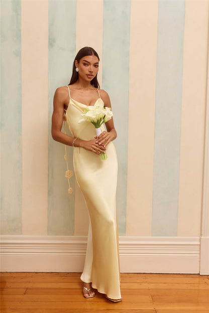 The Flora Satin Maxi Dress Yellow