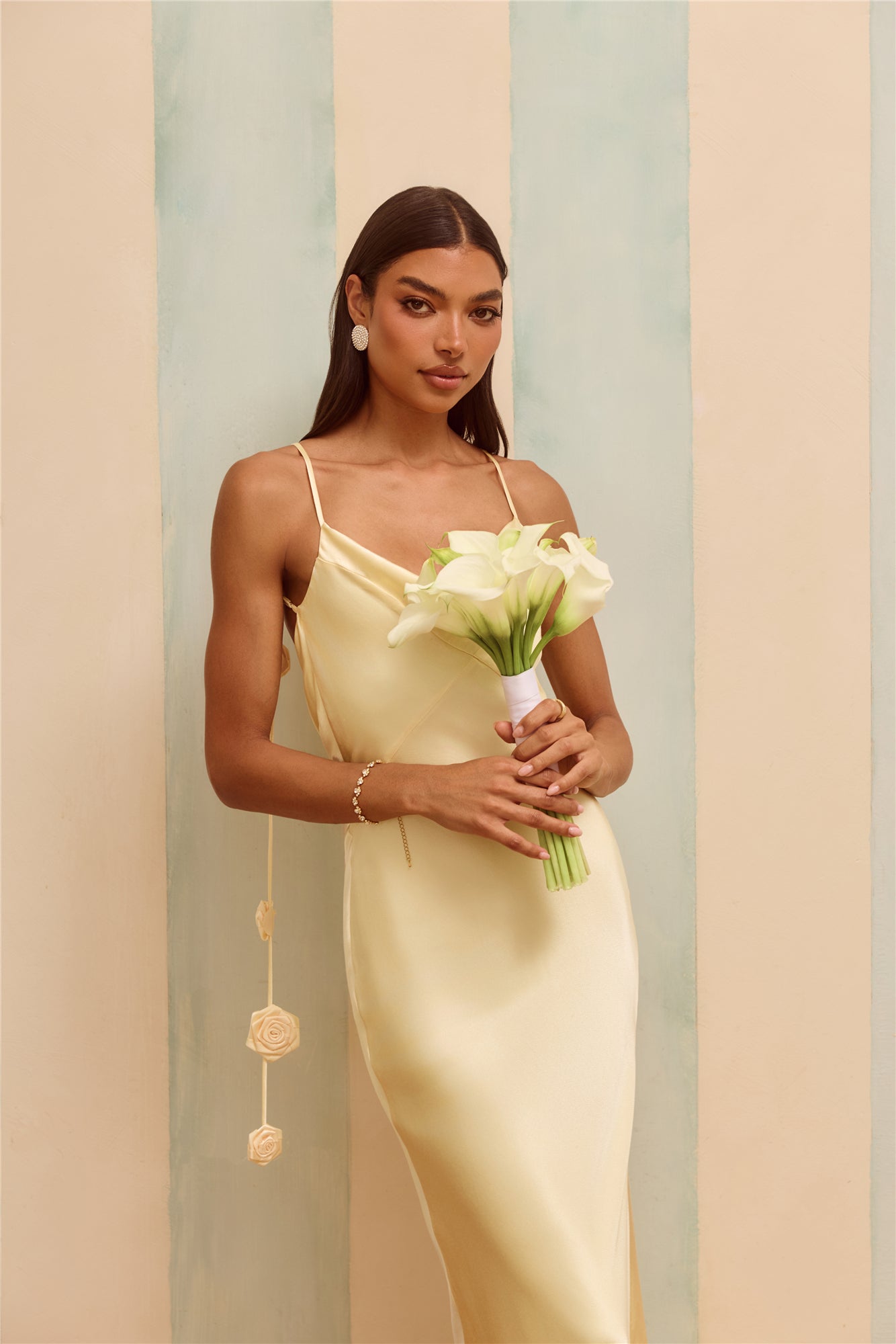 The Flora Satin Maxi Dress Yellow