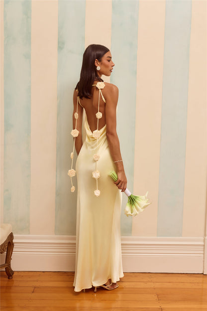 The Flora Satin Maxi Dress Yellow