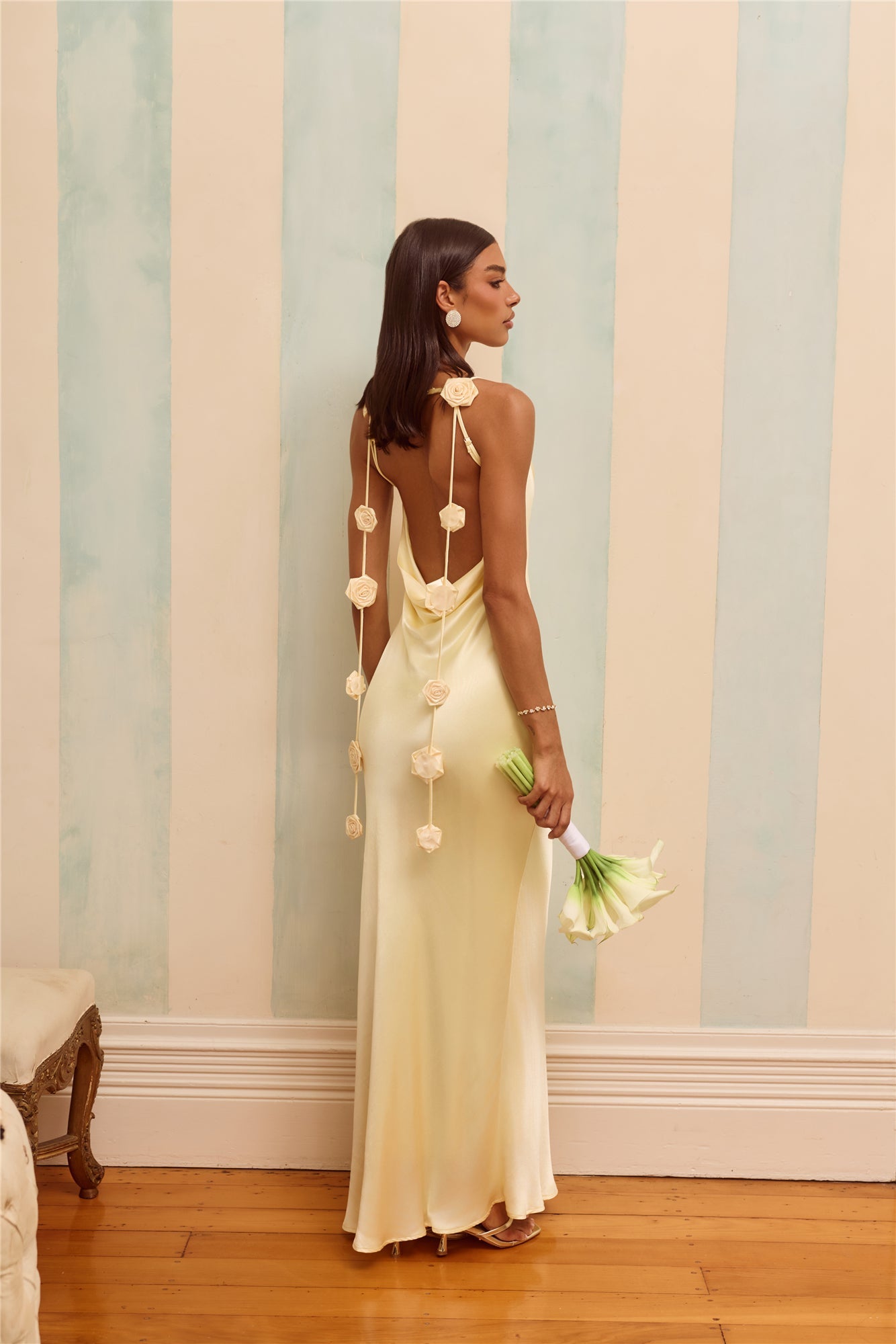 The Flora Satin Maxi Dress Yellow