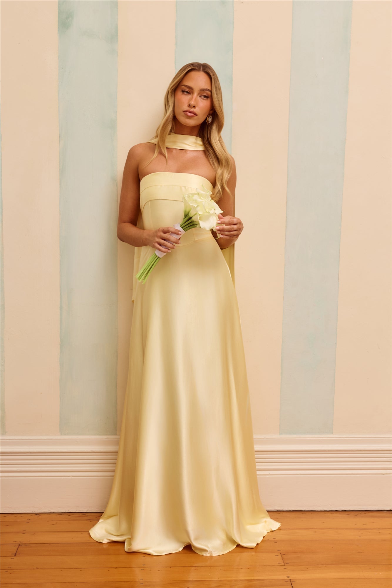 The Serina Strapless Satin Maxi Dress Yellow
