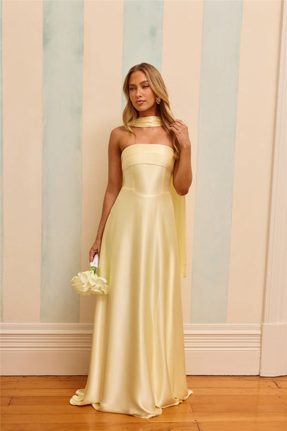 The Serina Strapless Satin Maxi Dress Yellow