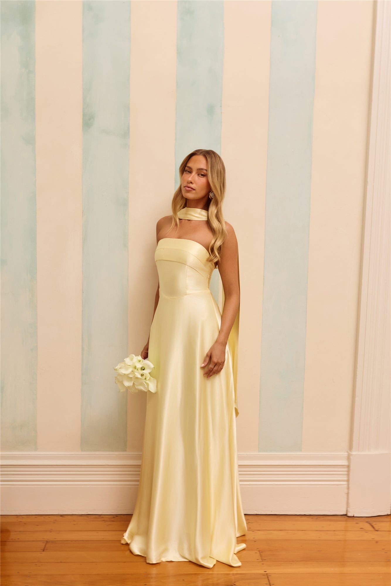 The Serina Strapless Satin Maxi Dress Yellow