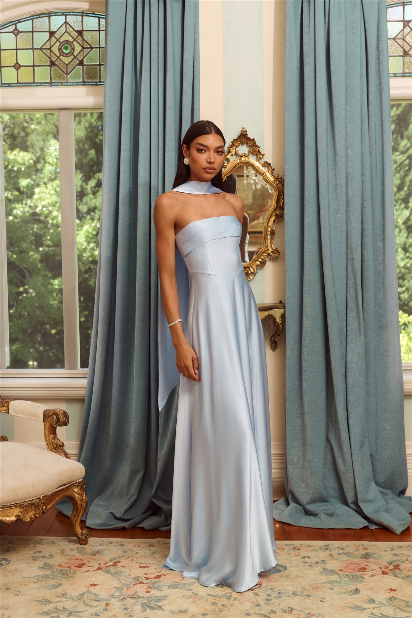 The Serina Strapless Satin Maxi Dress Light Blue