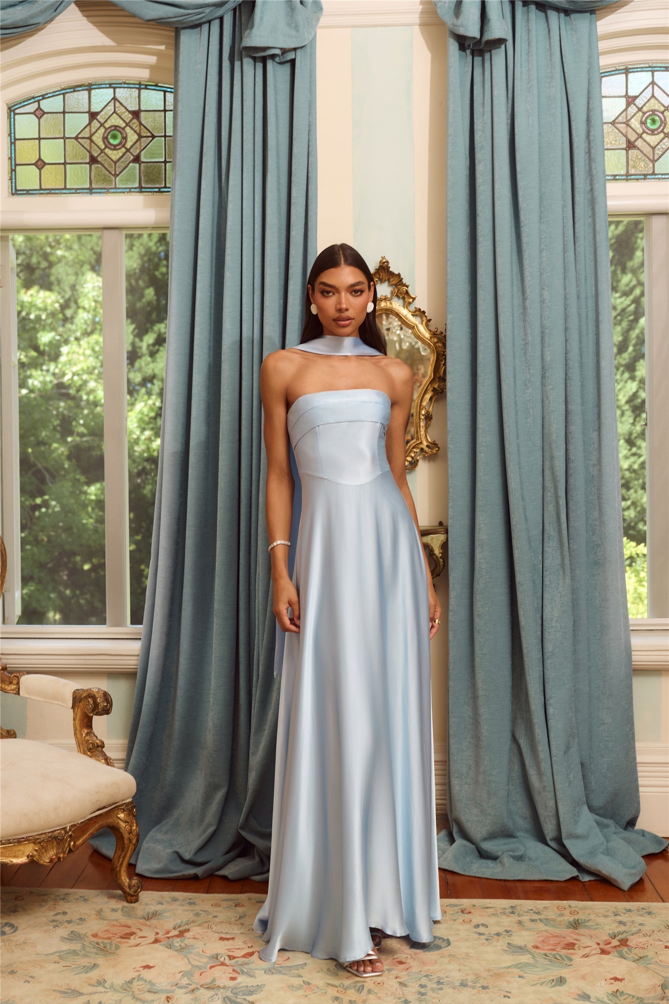 The Serina Strapless Satin Maxi Dress Light Blue